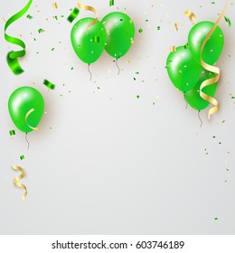 Celebration background template with confetti and green and gold ribbons. Holiday Decorative Tinsel Element for Design. Patrick's Day decorations. 