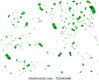 Celebration background template with confetti and green ribbons. Holiday Decorative Tinsel Element for Design
