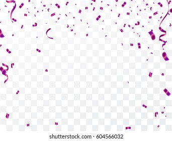 Celebration background template with confetti and Purple ribbons. Holiday Decorative Tinsel Element for Design