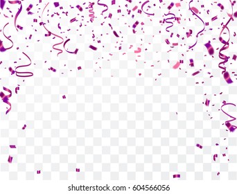 Celebration background template with confetti and Purple ribbons. Holiday Decorative Tinsel Element for Design