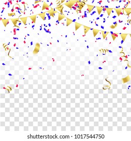 Celebration background template with confetti and red and blue ribbons.