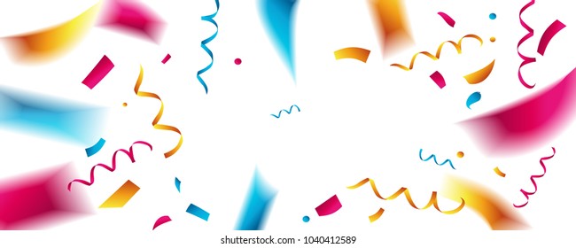 Celebration background template with confetti and red ribbons. Vector illustration