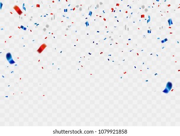 Plantilla de fondo de celebración con confeti y cintas rojas y azules.