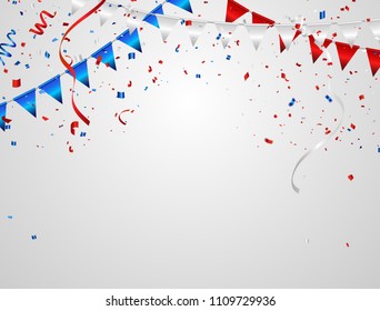 Celebration background template with confetti and red and blue ribbons.