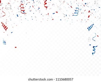 Celebration background template with confetti and red and blue ribbons.