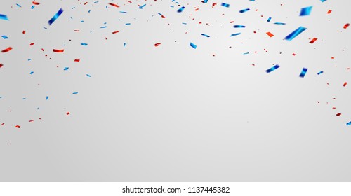 Celebration Background Template With Confetti And Red And Blue Ribbons.