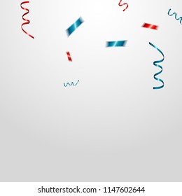 Celebration background template with confetti and red and blue ribbons.