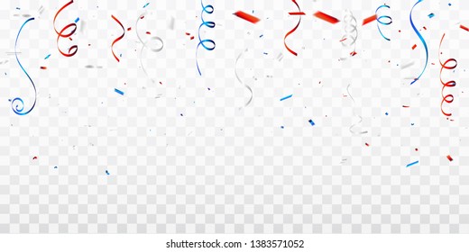 Celebration background template with confetti and red and blue ribbons. 4th of July American Happy Independence Day design concept with scatter papers,