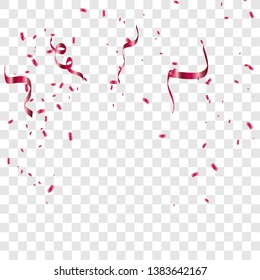 Celebration background template with confetti and red ribbons. Abstract background with many falling tiny confetti pieces. Vector background.EPS10