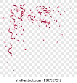 Celebration background template with confetti and red ribbons. Abstract background with many falling tiny confetti pieces. Vector background.EPS10