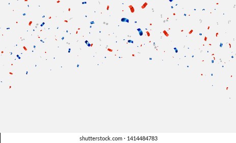 Celebration Background Template With Confetti And Red And Blue Ribbons.