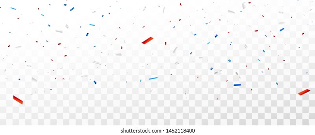 Celebration background template with confetti and red and blue ribbons.