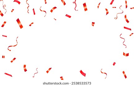 Celebration background template with confetti and red ribbons. Shiny carnival decoration. Bright festive tinsel of red color.