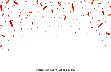 Celebration background template with confetti and red ribbons. Shiny carnival decoration. Bright falling tinsel. Holiday poster concept.