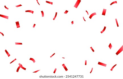 Celebration background template with confetti and red ribbons. Shiny carnival decoration. Bright festive tinsel of red color.