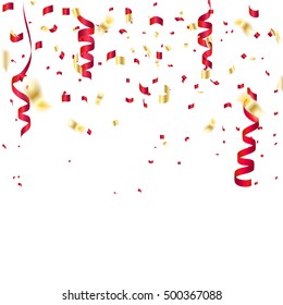 Celebration Background Template With Confetti And Red Gold Ribbons. Vector Illustration