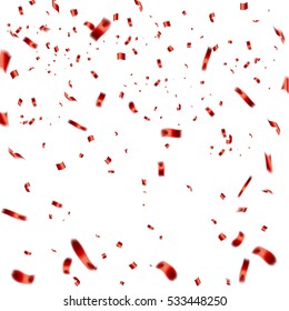 Celebration background template with confetti and red ribbons. Vector illustration