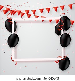 Plantilla de fondo de celebración con confeti y cintas rojas, globo negro
