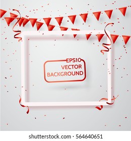 Celebration background template with confetti and red flag ribbons.