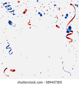 Celebration Background Template With Confetti And Red And Blue Ribbons.