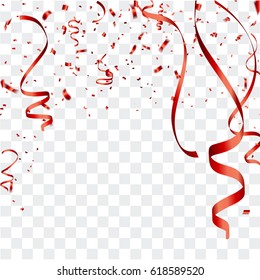 Celebration background template with confetti and red ribbons.