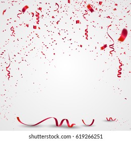 Celebration background template with confetti and red ribbons.