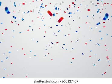 Celebration background template with confetti and red and blue ribbons.