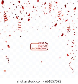 Celebration background template with confetti and red ribbons. Vector illustration