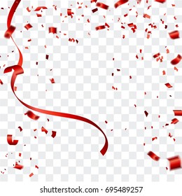 Celebration background template with confetti and red ribbons. Vector illustration