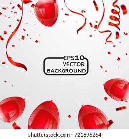 Celebration background template with confetti and red ribbons and balloons. Vector illustration,