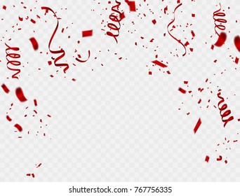 Celebration background template with confetti and red ribbons. Vector illustration