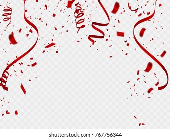 Hintergrundvorlage zum Feiern mit Konfetti und roten Bändern. Vektorgrafik