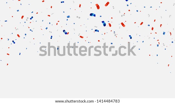 Celebration background template with confetti\
and red and blue\
ribbons.