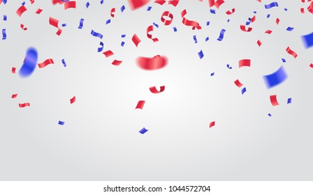 Celebration background template with confetti and ribbons red and blue