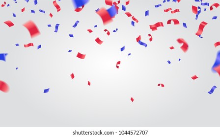 Celebration background template with confetti and ribbons red and blue