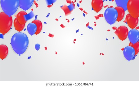 Celebration background template with confetti and ribbons red and blue
