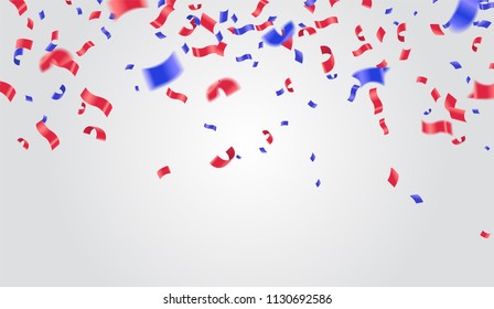 Celebration background template with confetti and ribbons red and blue