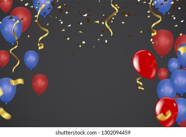 Celebration background template with confetti and ribbons red and blue	