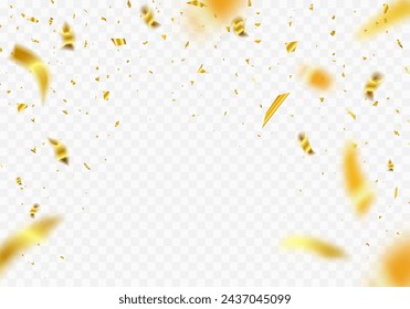 Celebration background template confetti ribbons. Falling shiny golden confetti isolated on transparent background. vector illustration.