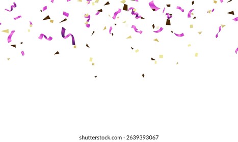 Celebration background template with confetti and ribbons purple gold
