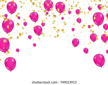 celebration background template with confetti and ribbons and balloons. Vector