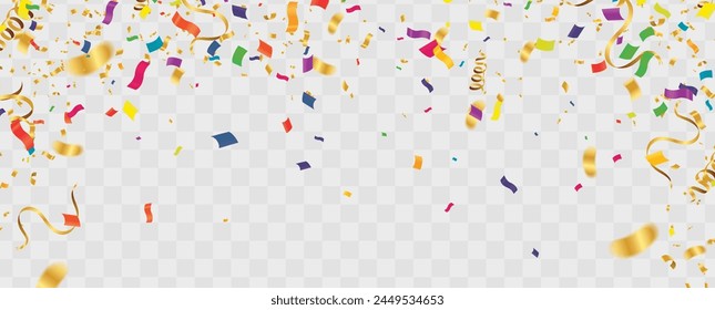 Celebration background template with confetti and streamers on white background. Vector illustration