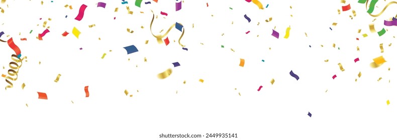 Celebration background template with confetti and streamers on white background. Vector illustration