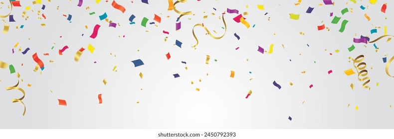 Plantilla de fondo de celebración con confeti y serpentinas sobre fondo blanco. Ilustración vectorial