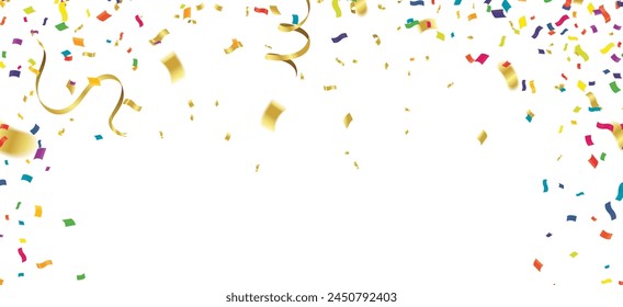 Celebration background template with confetti and streamers on white background. Vector illustration