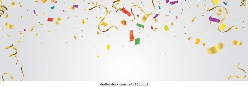 Celebration background template with confetti and streamers on white background. Vector illustration