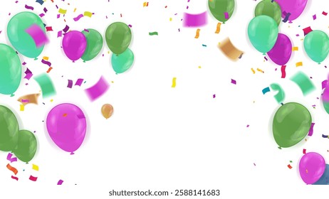 Celebration background template with confetti and streamers on white background. Vector illustration