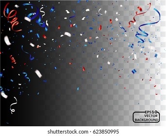 Celebration background template with confetti and white red and blue  ribbons.