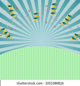 celebration background template with drop confetti and ribbons on abstract ray light