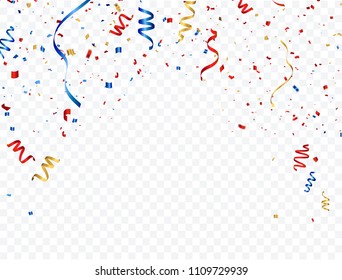 Celebration background template gold confetti and red and blue ribbons.